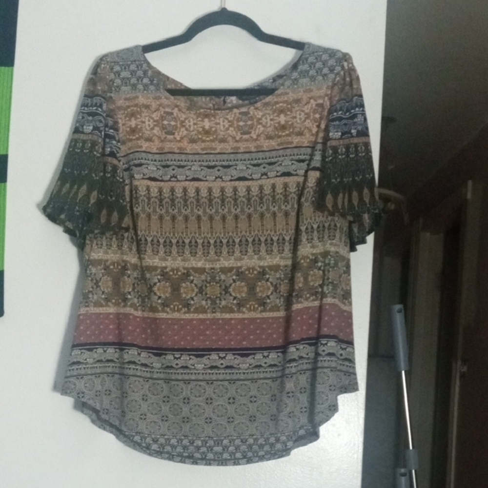 Lucky Brand Bohemian Multicolor Patterned Women's Short Sleeve Top Size 2XL